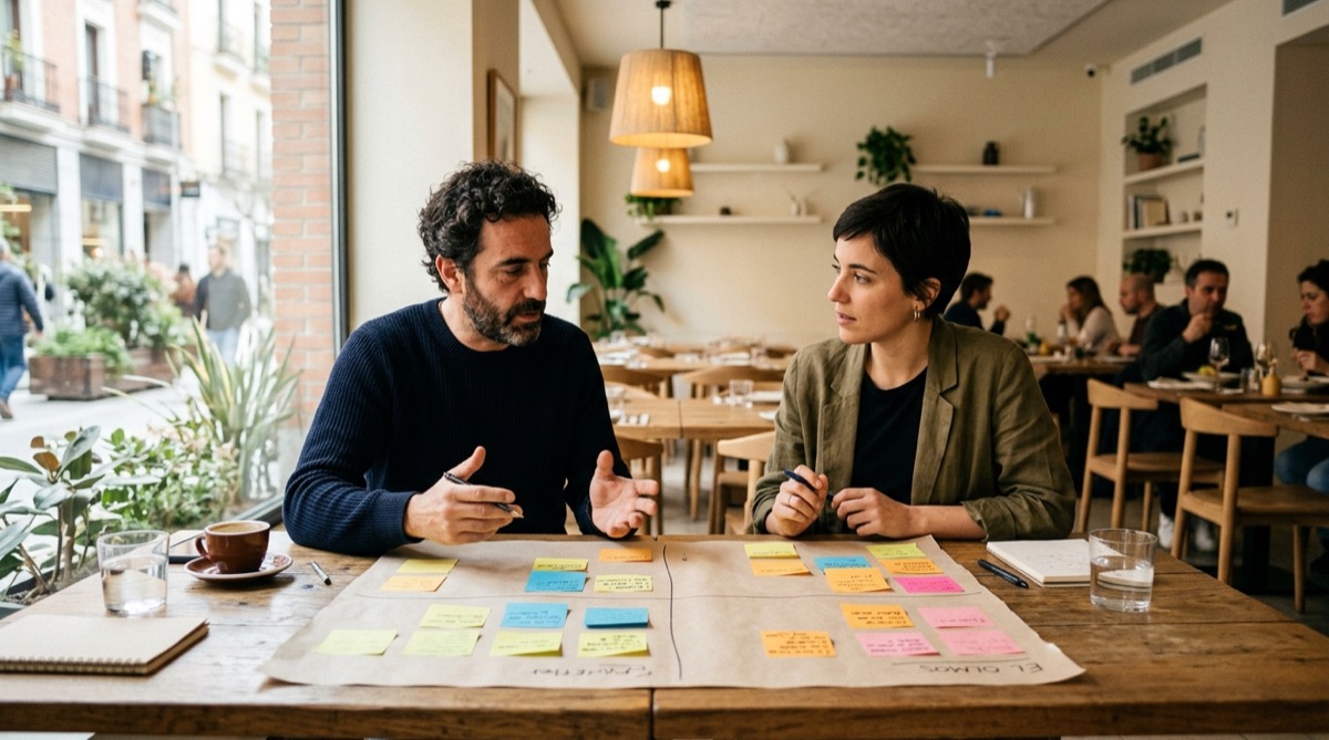 Propietario y consultora gastronómica construyendo la matriz DAFO de un restaurante con notas adhesivas