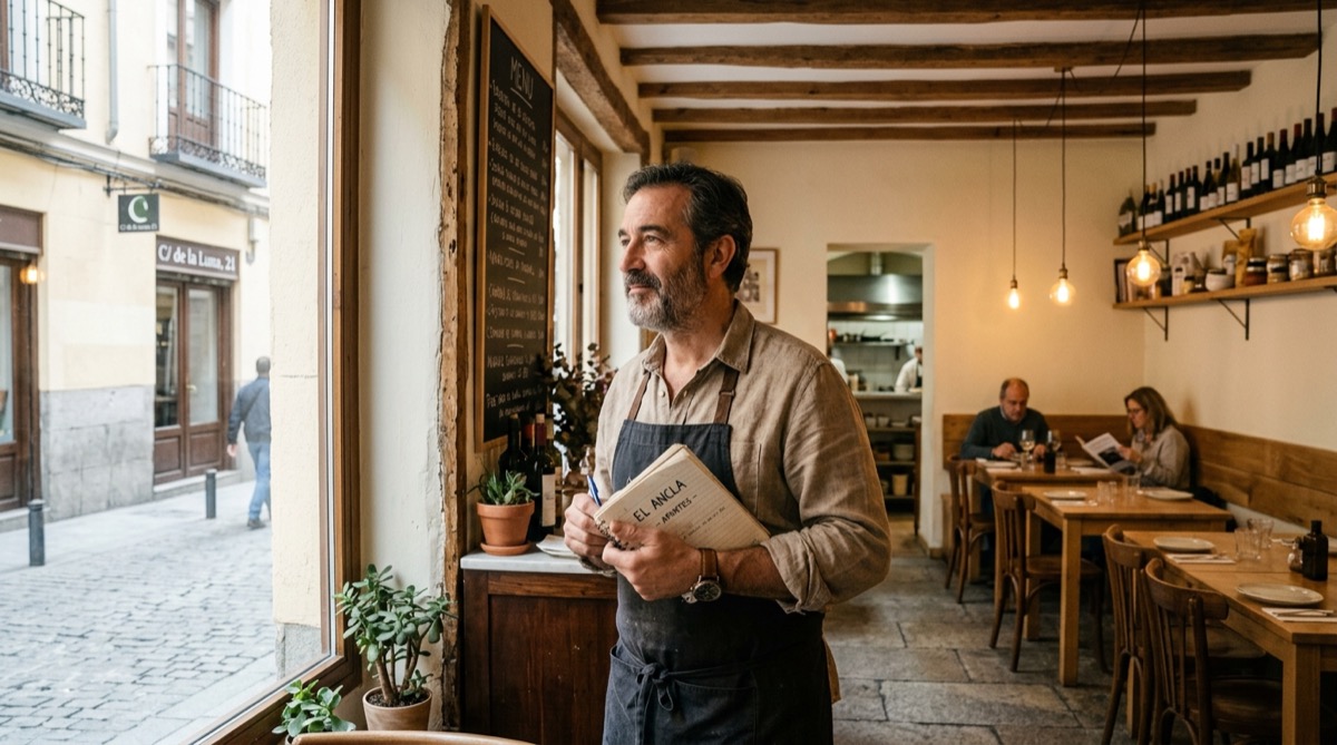 Propietario de un restaurante de barrio observando su sala mientras toma notas para el análisis DAFO