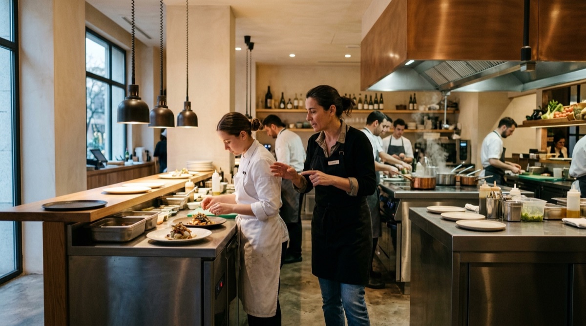 Asesor gastronómico trabajando con el equipo en cocina