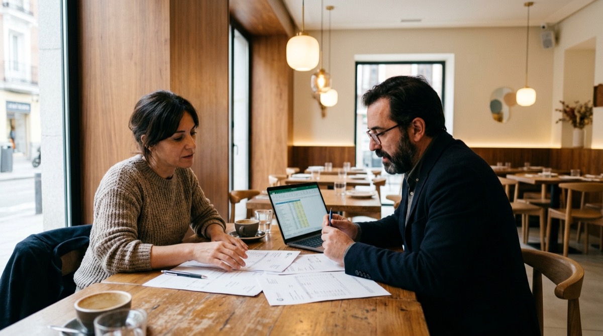 Consultor y propietario de restaurante revisando facturas y datos durante una auditoría