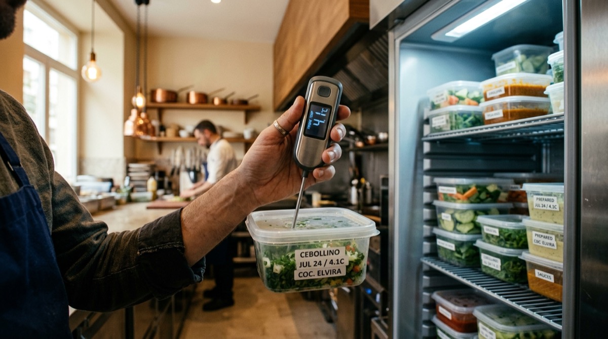 Control de temperatura con termómetro digital en la cámara frigorífica de un restaurante
