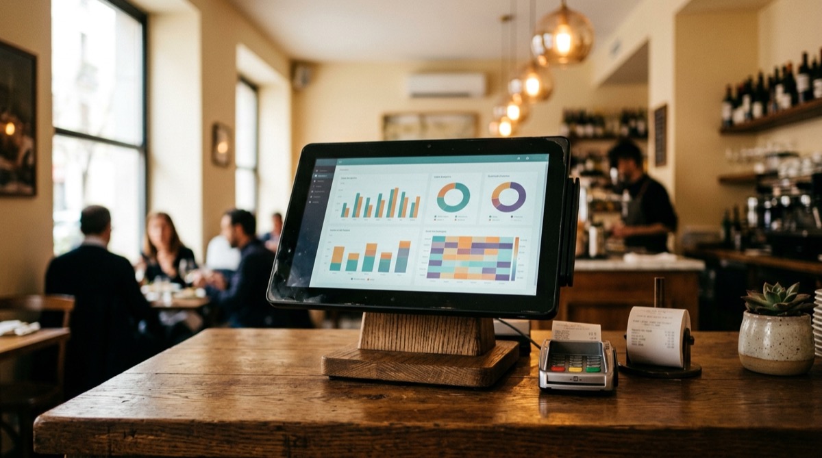 Terminal TPV de un restaurante mostrando gráficos de ventas y análisis de datos