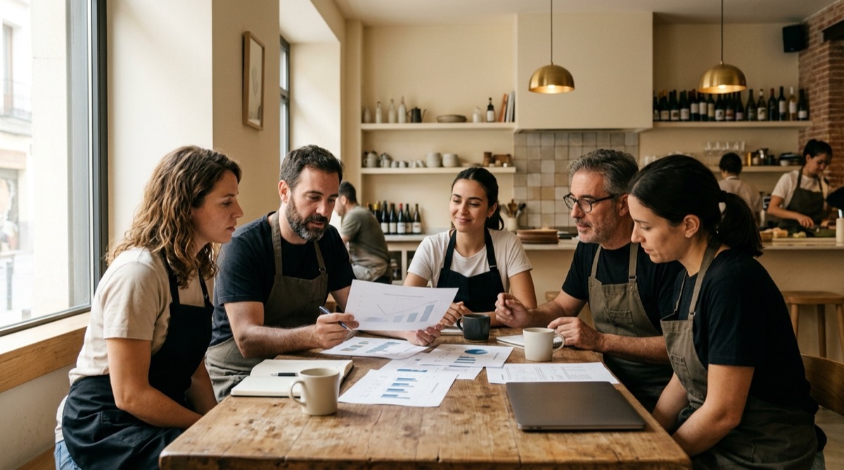 Equipo de un restaurante revisando informes y gráficos de indicadores en una reunión semanal