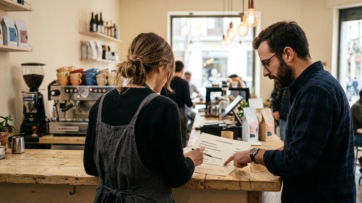 Consultora y propietaria revisando la carta de una cafetería de especialidad