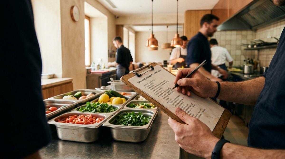 Encargado de cocina repasando el checklist de apertura junto a la estación de mise en place