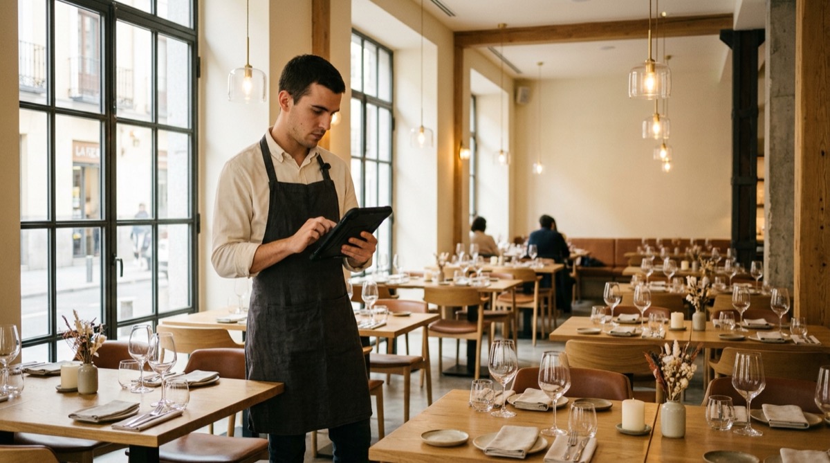 Camarero verificando el montaje de la sala de un restaurante con un checklist digital en tablet