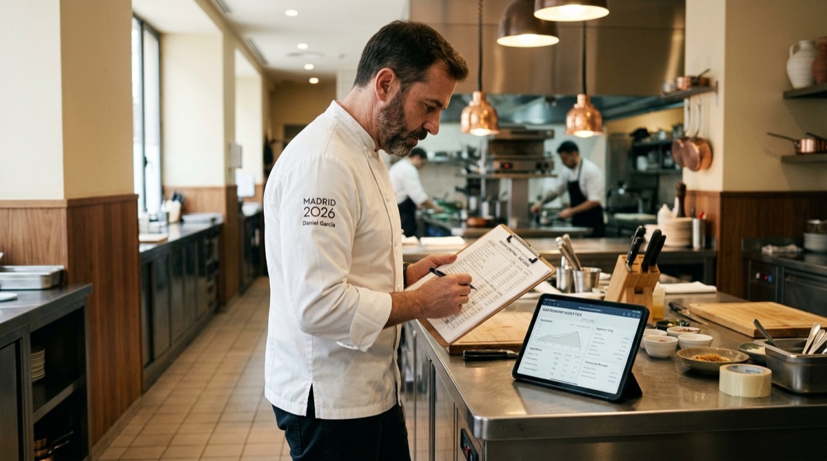 Chef ejecutivo revisando presupuestos y escandallos en una cocina profesional