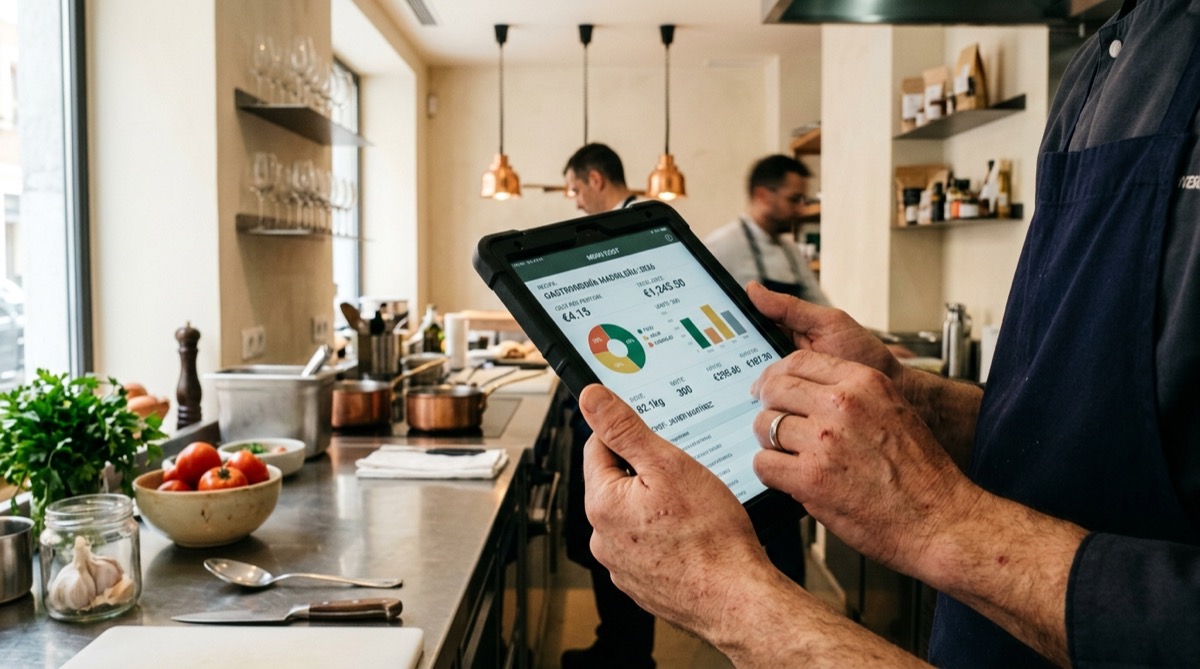 Responsable de cocina consultando datos de costes y escandallos en una tablet