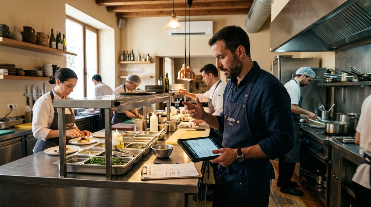 Gerente de restaurante revisando la gestión de costes y los indicadores del negocio