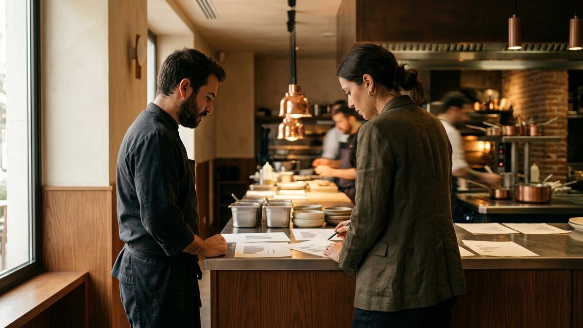 Consultor y chef revisando la nueva carta en el pase de cocina de un restaurante