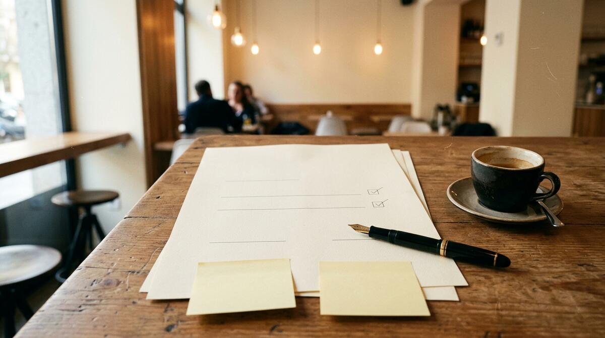 Documento de contrato de consultoría gastronómica y checklist de alcance sobre una mesa de madera