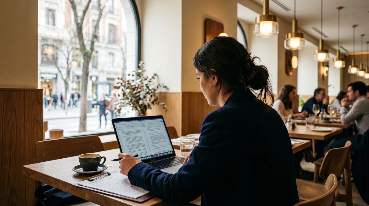Consultor revisando las cláusulas de un contrato de consultoría gastronómica en un portátil