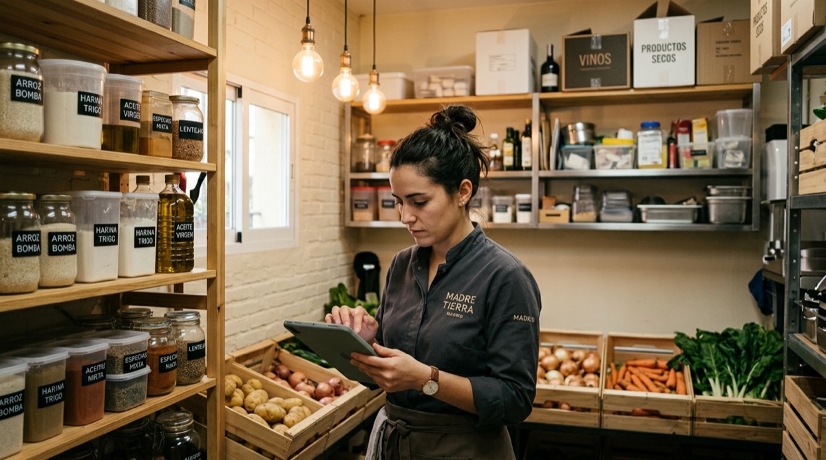 Cocinera realizando el recuento de inventario del almacén de un restaurante con una tablet