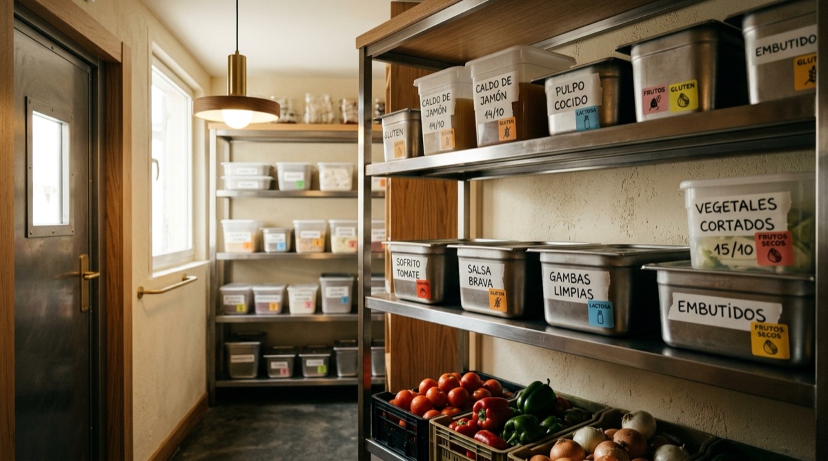 Almacenamiento etiquetado y estandarización en cocina