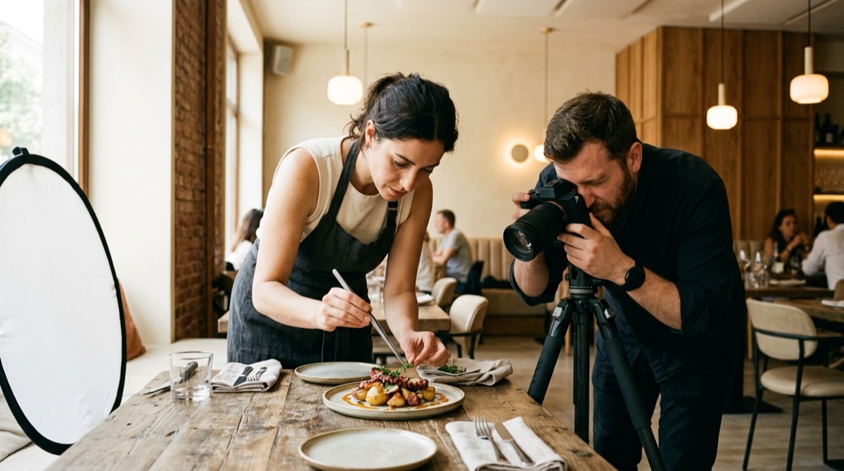 Food stylist colocando con pinzas los últimos detalles de un plato junto a un fotógrafo con la cámara en trípode en la sala de un restaurante
