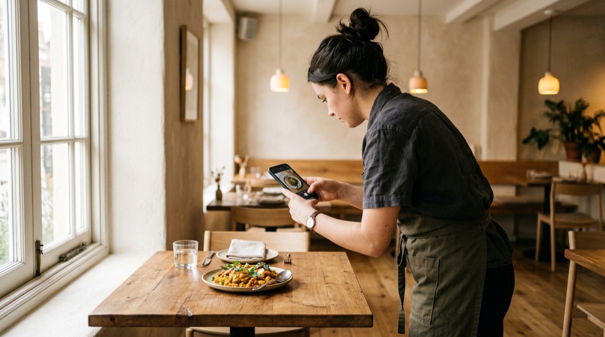 Camarera fotografiando con el móvil un plato recién emplatado junto a una ventana con luz natural en el comedor