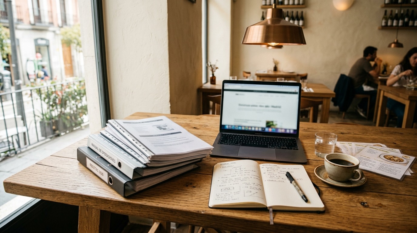 Manuales de operaciones y documentos legales de una franquicia de restauración sobre una mesa
