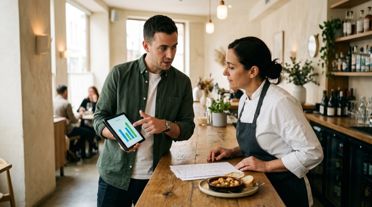 Consultor gastronómico y la chef propietaria de un restaurante revisando juntos el balance de resultados y el escandallo en la barra del local