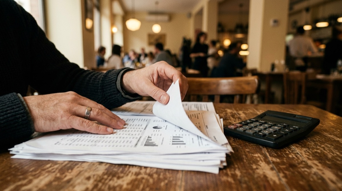 Manos revisando facturas, balance financiero y calculadora sobre una mesa de restaurante durante una due diligence