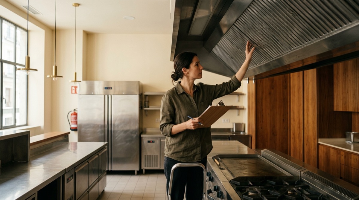 Consultora inspeccionando el equipamiento de cocina profesional durante una visita de evaluación antes de comprar un restaurante