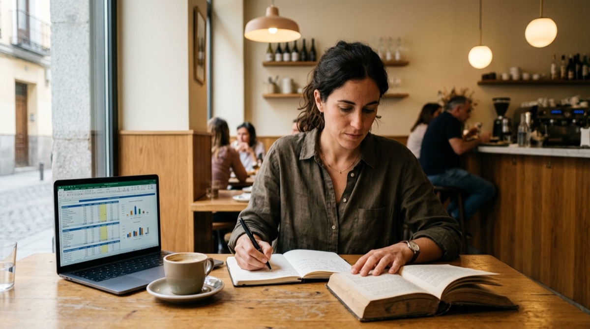 Consultora gastronómica leyendo un libro y tomando notas junto a hojas de escandallos en un restaurante luminoso de Madrid