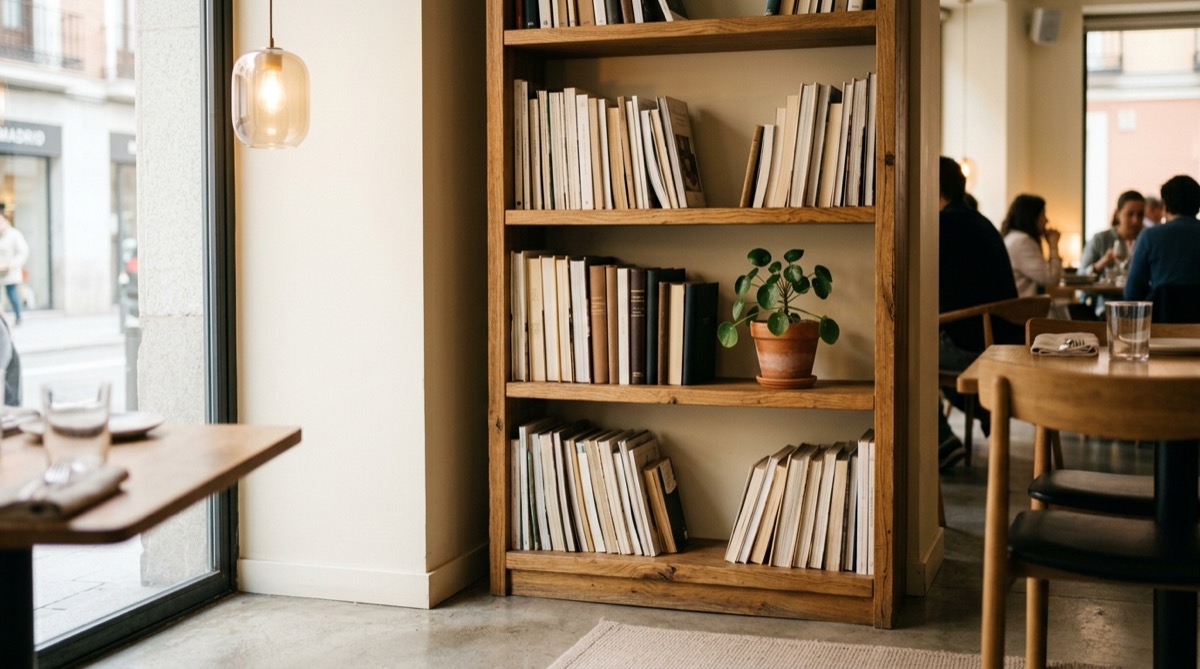 Estantería de madera con libros de hostelería y gestión de restaurantes en un rincón de un restaurante contemporáneo