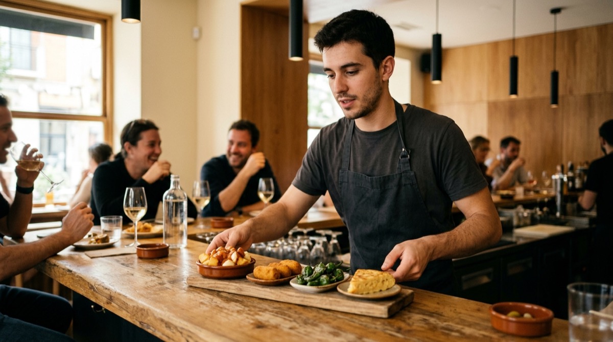 Camarero sirviendo raciones de tapas en la barra de un gastrobar moderno