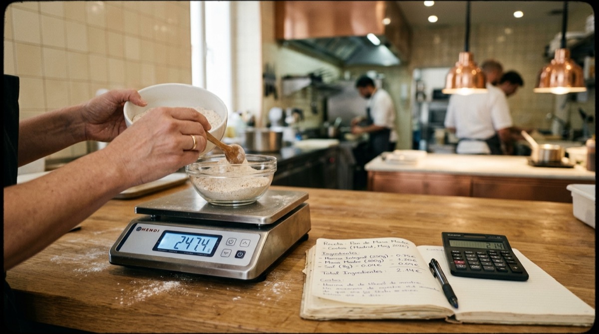 Pesada de ingredientes en báscula con cuaderno de escandallo y calculadora en una cocina profesional