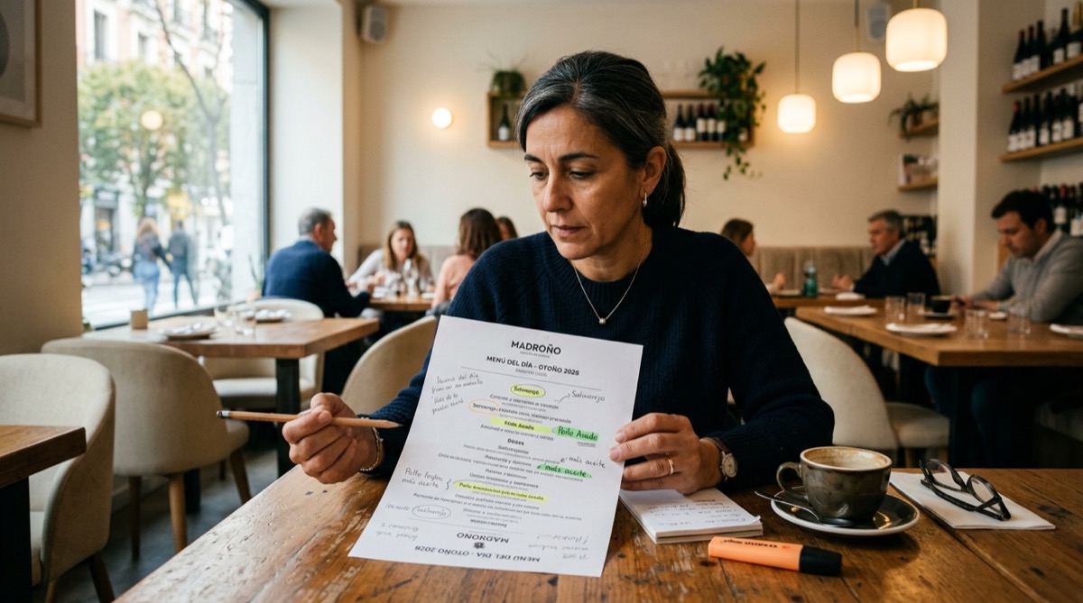 Propietaria de restaurante analizando la rentabilidad de los platos de su carta con anotaciones