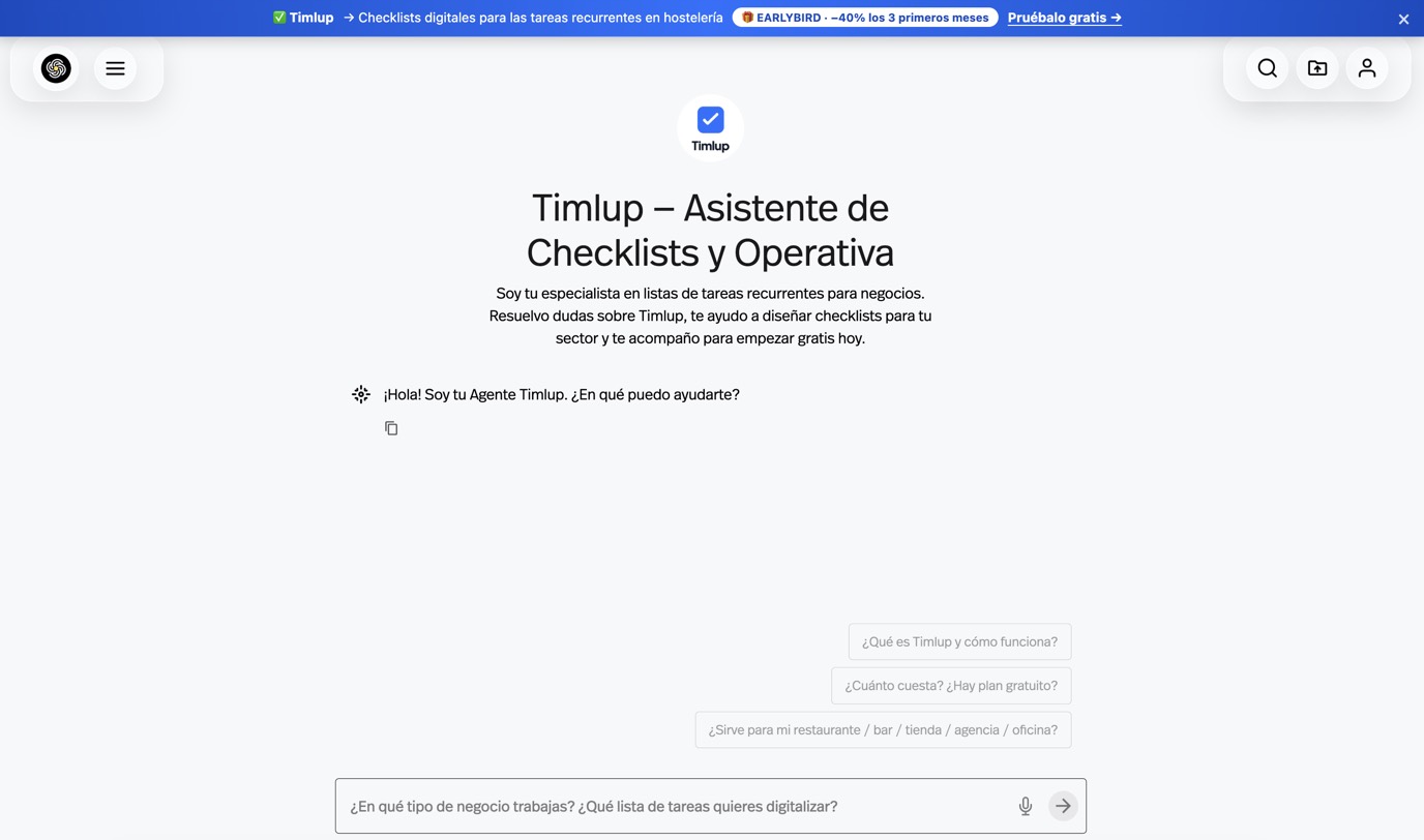 Agente IA de Timlup, “Asistente de Checklists y Operativa”, respondiendo dudas y proponiendo checklists por sector en timlup.pro