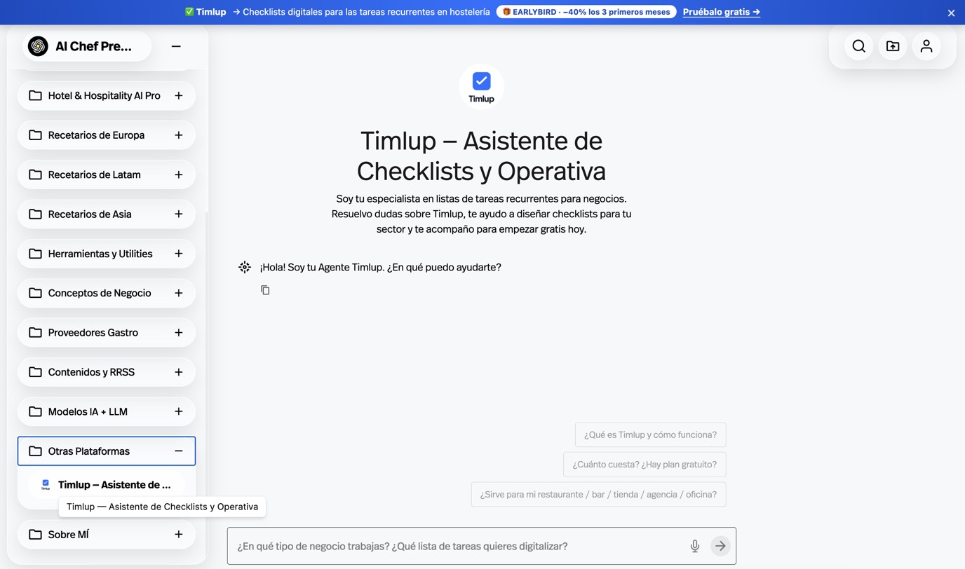 Módulo “Otras Plataformas” de AI Chef Pro con el agente “Timlup — Asistente de Checklists y Operativa” integrado en la suite