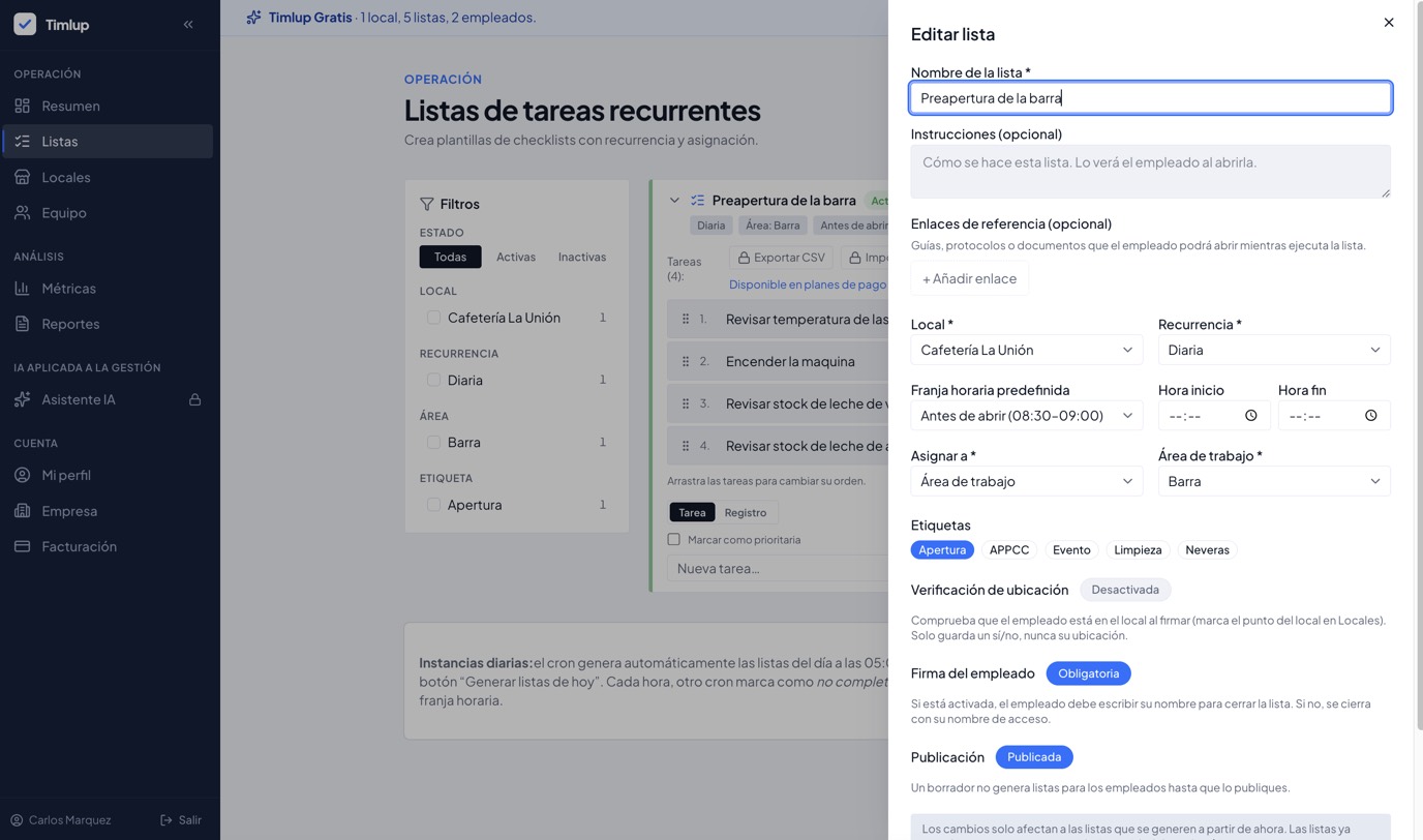 Panel de edición de lista en Timlup con etiquetas APPCC y Limpieza, verificación de ubicación y firma del empleado obligatoria