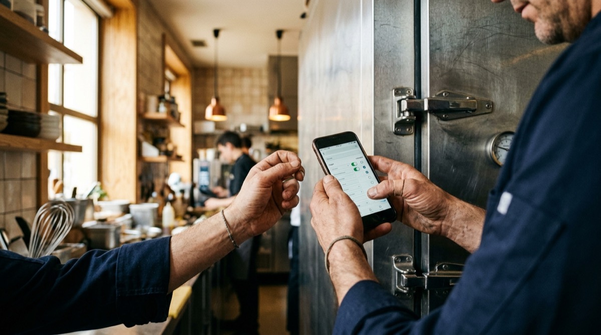 Cocinero marcando un checklist de control de temperaturas con el móvil junto a una cámara frigorífica en una cocina profesional