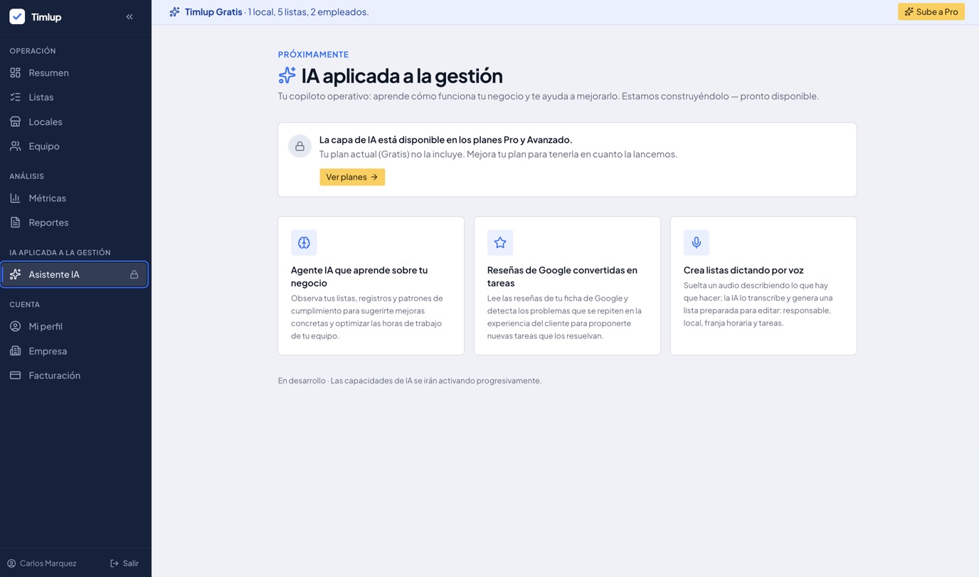 Sección “IA aplicada a la gestión” de Timlup: agente que aprende del negocio, reseñas de Google convertidas en tareas y listas por voz