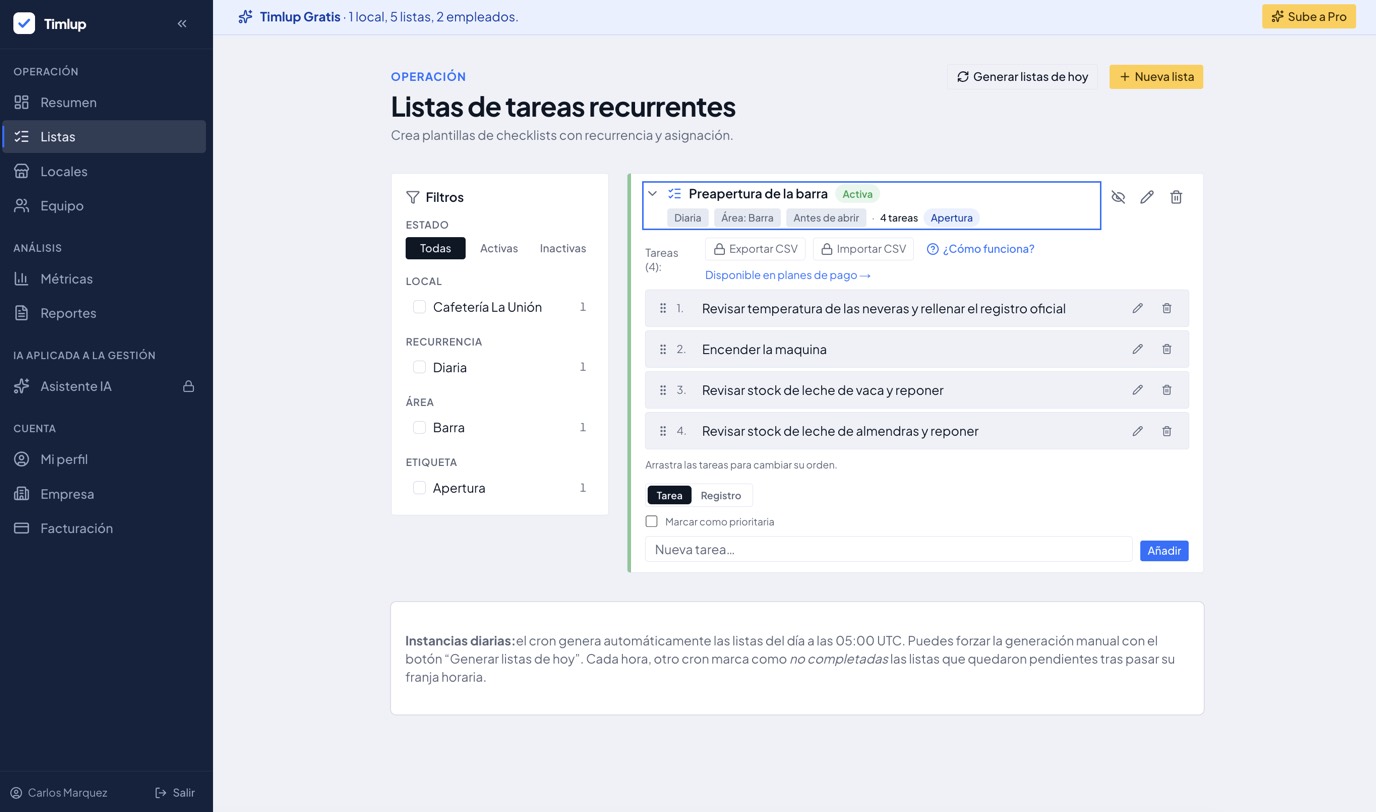 Panel de Timlup mostrando una lista de tareas recurrentes de preapertura de barra, con recurrencia diaria, área y tareas asignadas