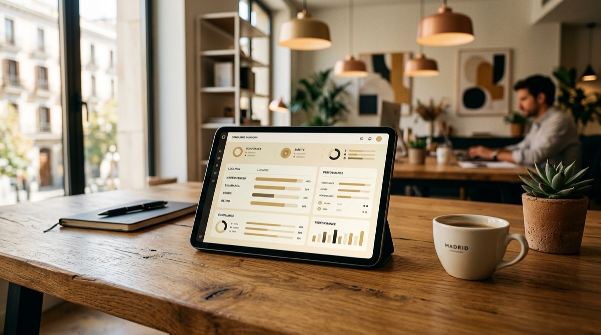 Panel multi-local de Timlup en una tablet mostrando el cumplimiento de checklists por establecimiento