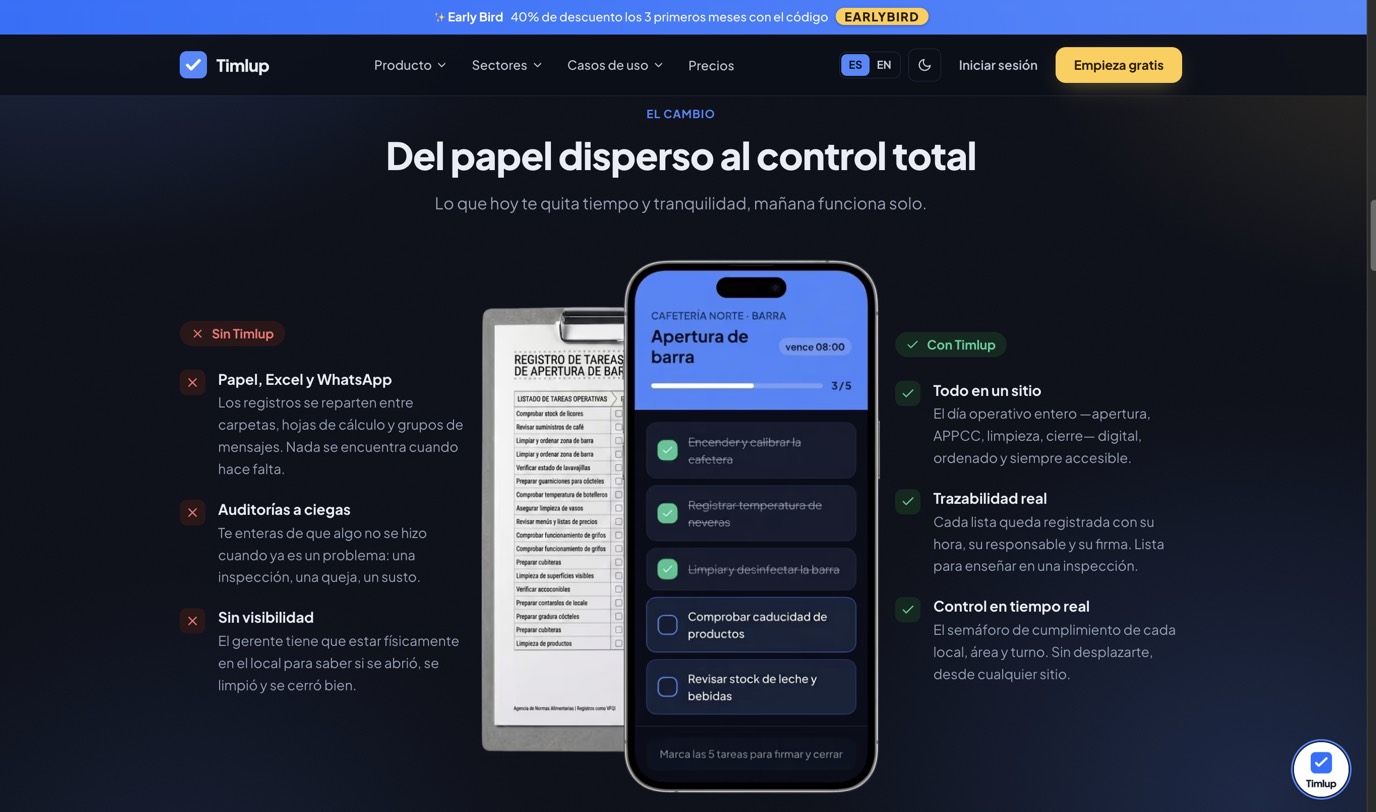 Comparativa de Timlup: del papel disperso (registros en papel, Excel y WhatsApp) al control total con checklists digitales en el móvil
