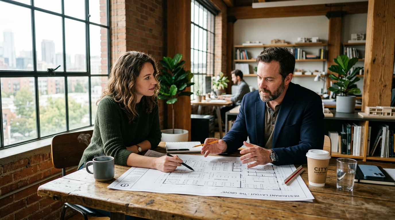 Propietario y consultor revisando planos de restaurante en mesa de trabajo