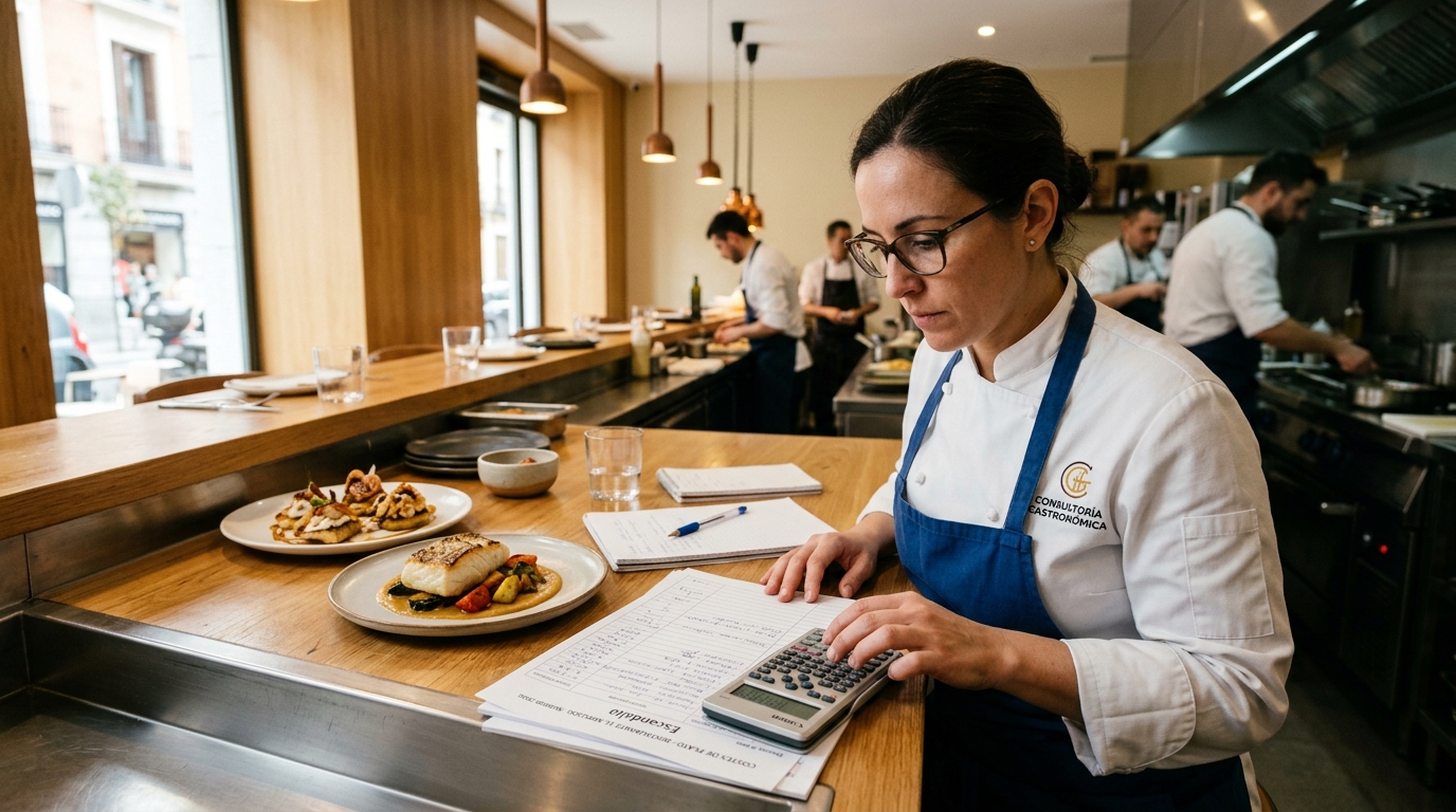 Consultor gastronómico calculando food cost en cocina profesional de restaurante