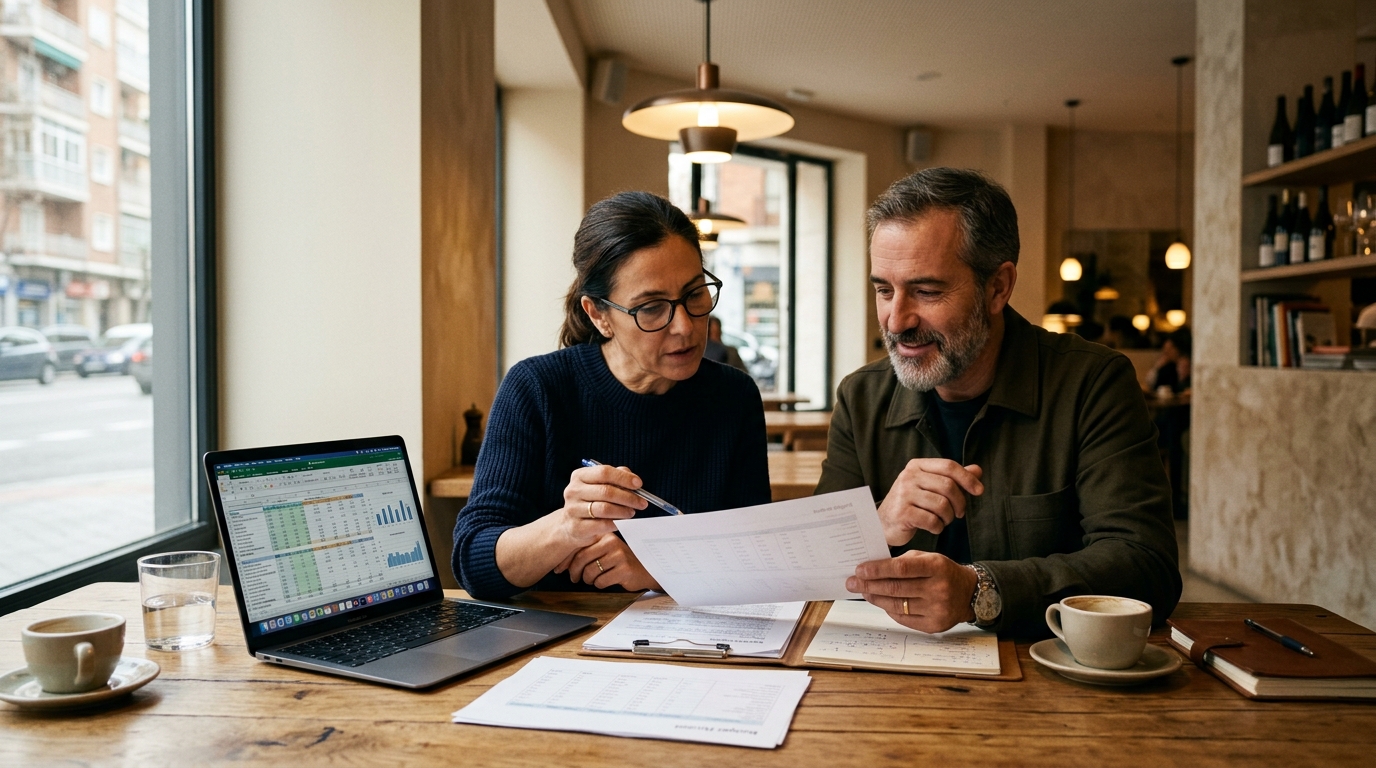 Consultor gastronómico revisando presupuesto con propietario de restaurante en Madrid