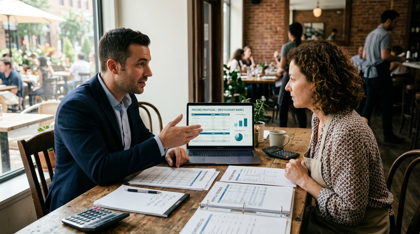 Consultor presentando propuesta de precios en laptop a propietario de restaurante