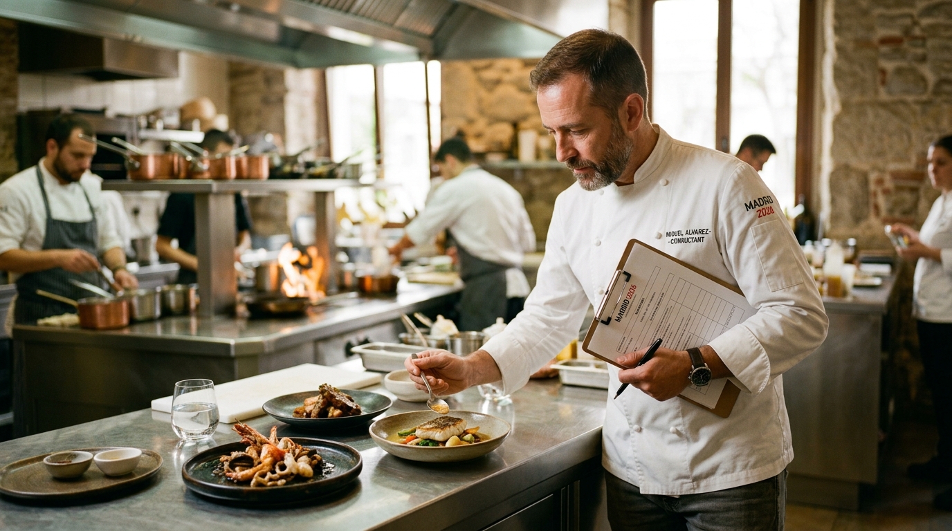 Consultor en cocina profesional evaluando platos y tomando notas
