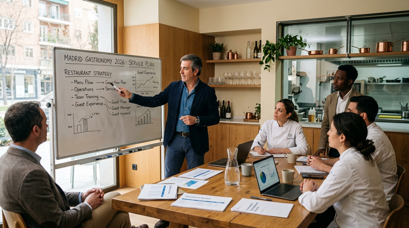 Consultor gastronómico explicando plan de servicios a equipo de restaurante