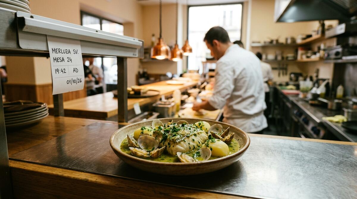Merluza en salsa verde con almejas y patata en el pase de una cocina de restaurante