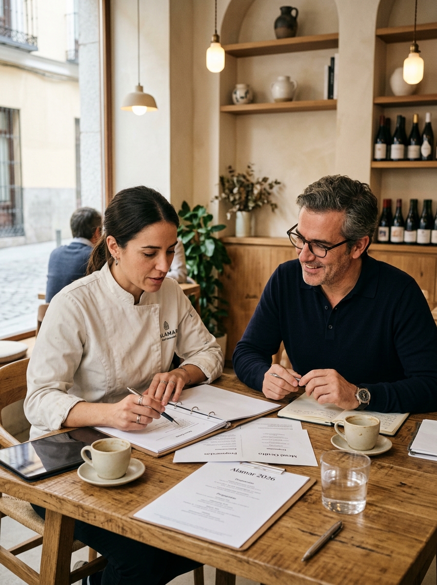 Consultor gastronomico atendiendo a un propietario de restaurante en Madrid